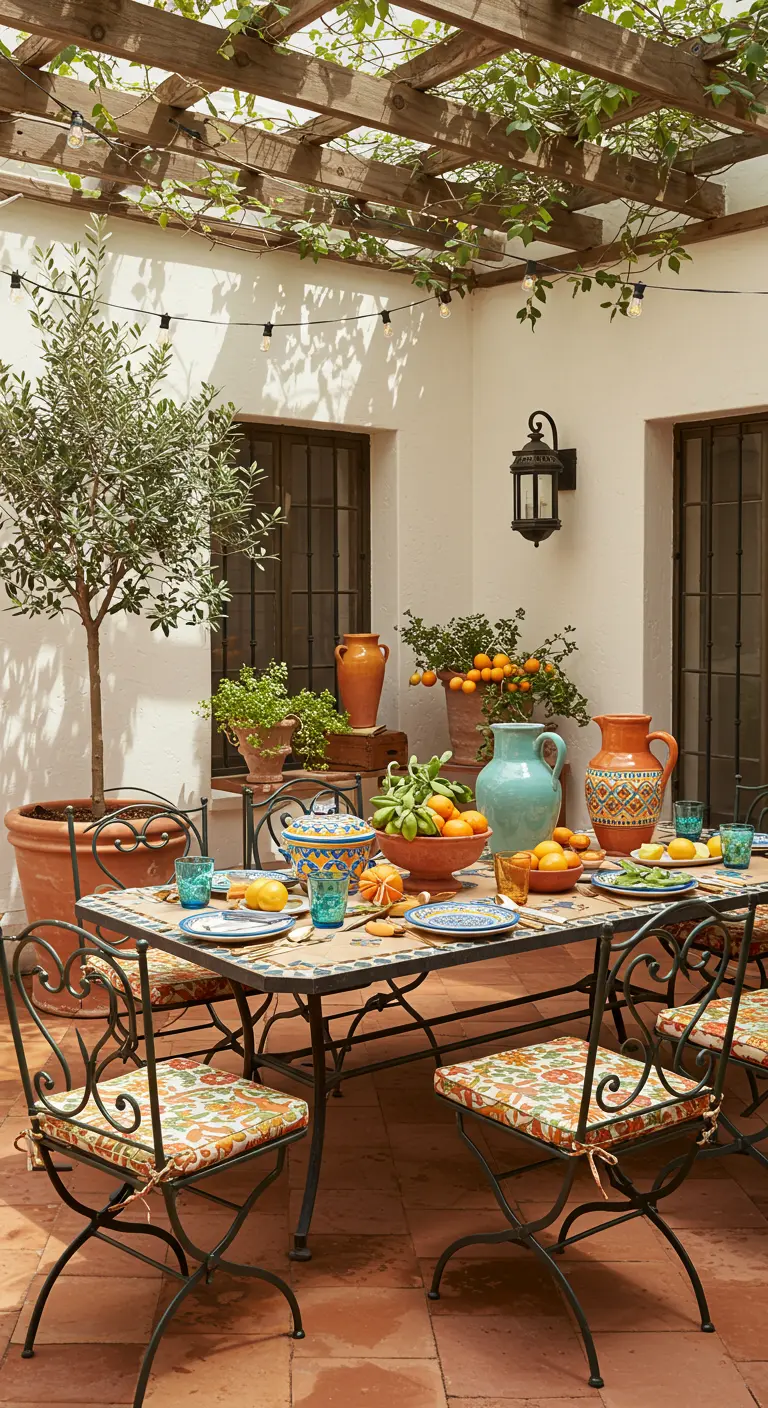 Mediterrane patio met mozaïek tafel, citrusbomen en kleurrijk servies.