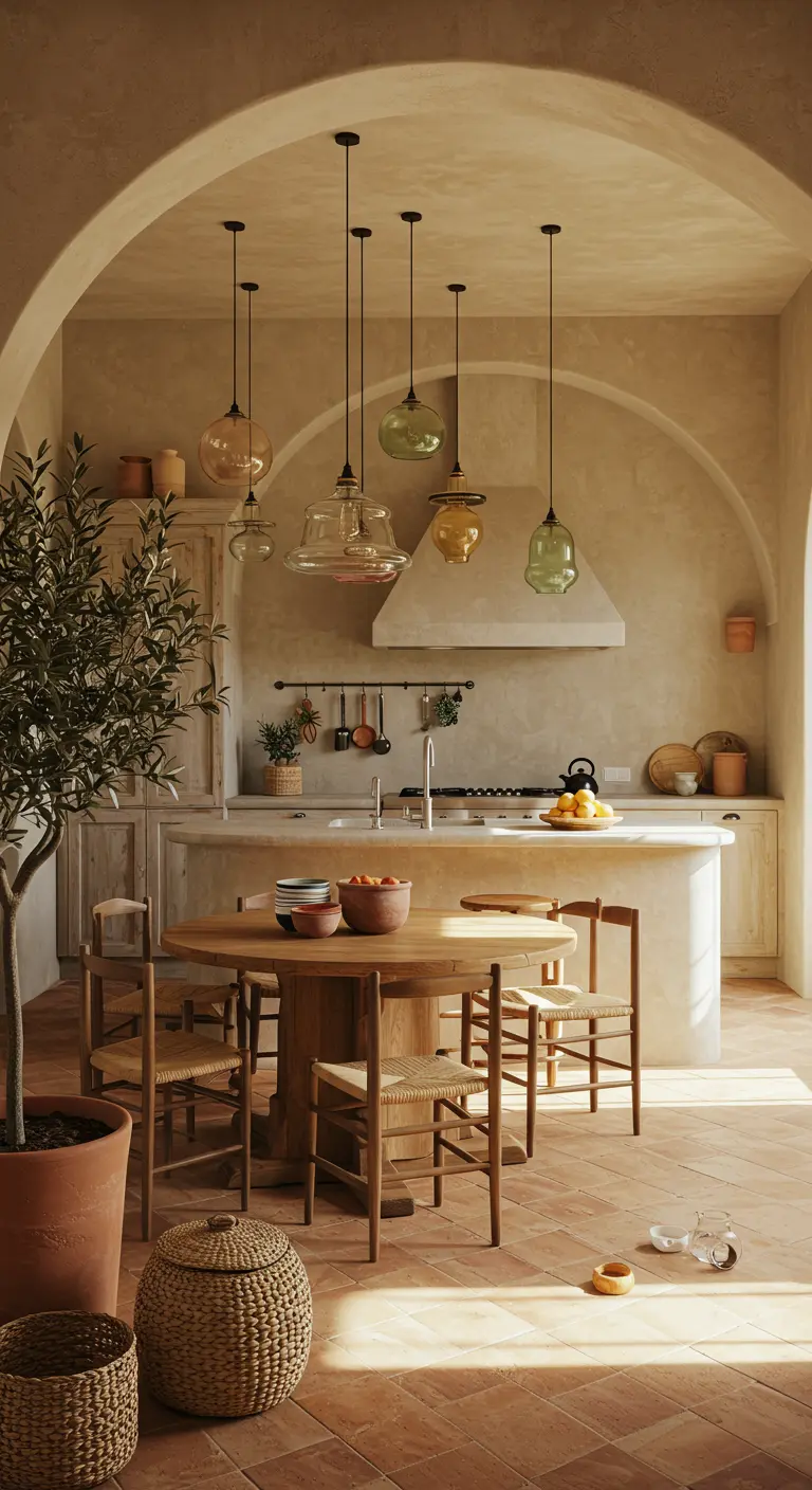 Mediterraanse keuken met terracotta vloer, houten meubels en diverse glazen hanglampen.