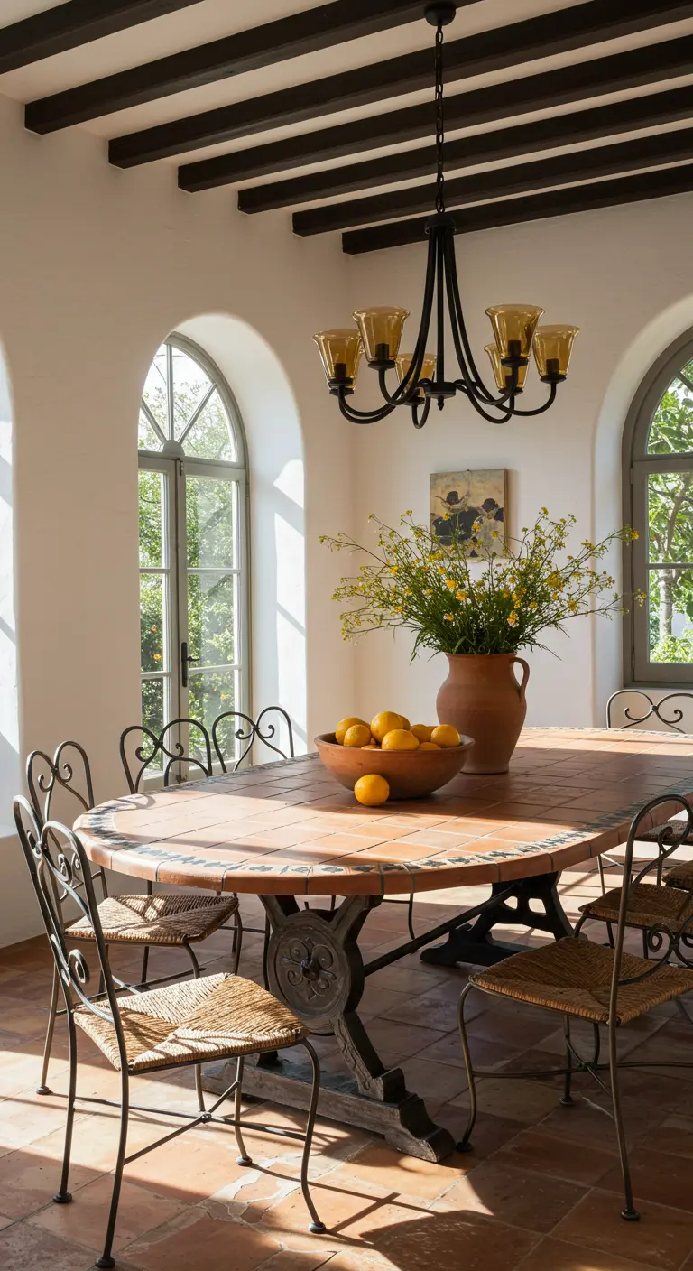 Mediterrane eetkamer met terracotta tegel tafel, smeedijzeren stoelen en citroenen.