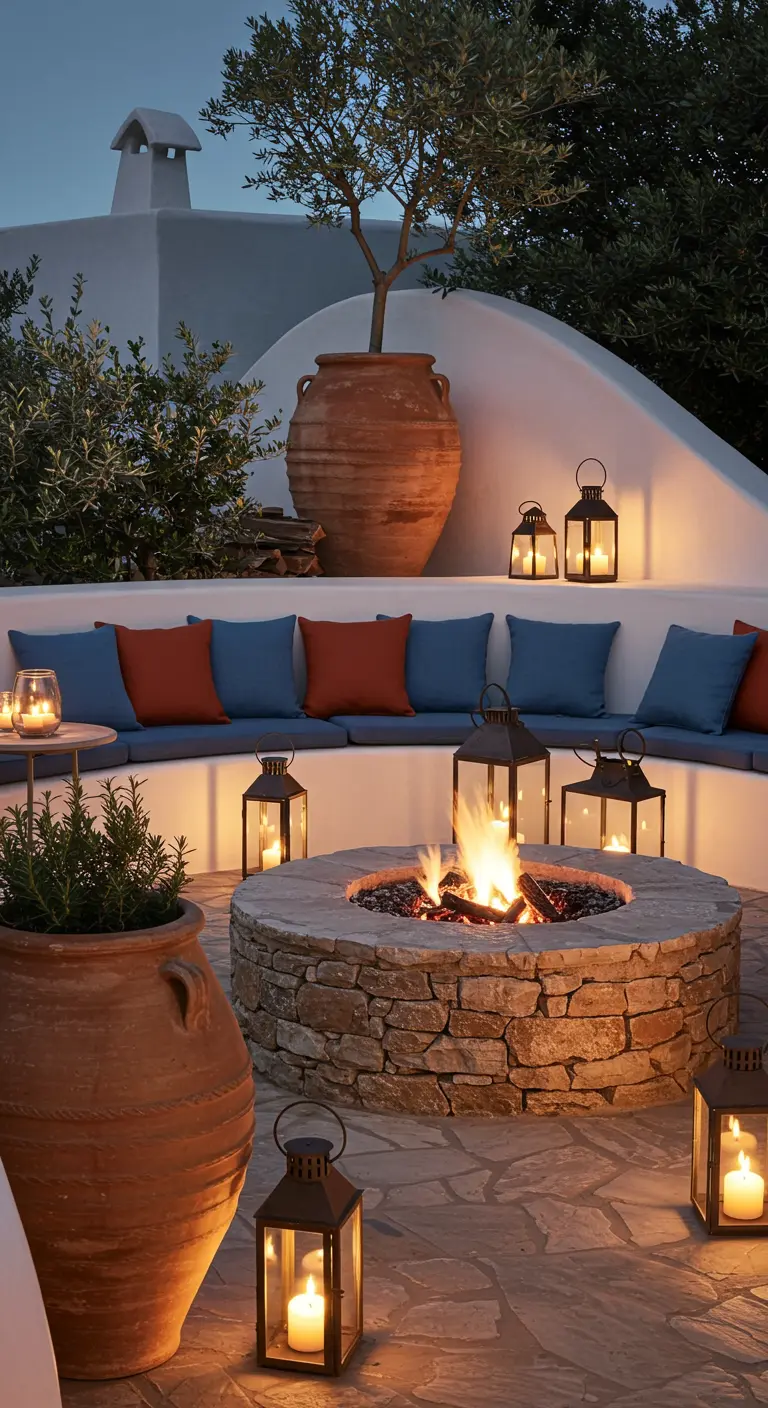 Wit mediterraan terras met een ronde stenen vuurplaats en blauwe kussens.
