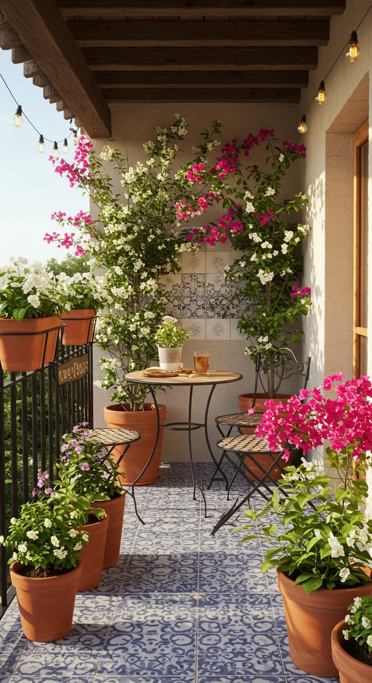Balkon met blauw-witte tegelvloer, terracotta potten en bloeiende bougainvillea.