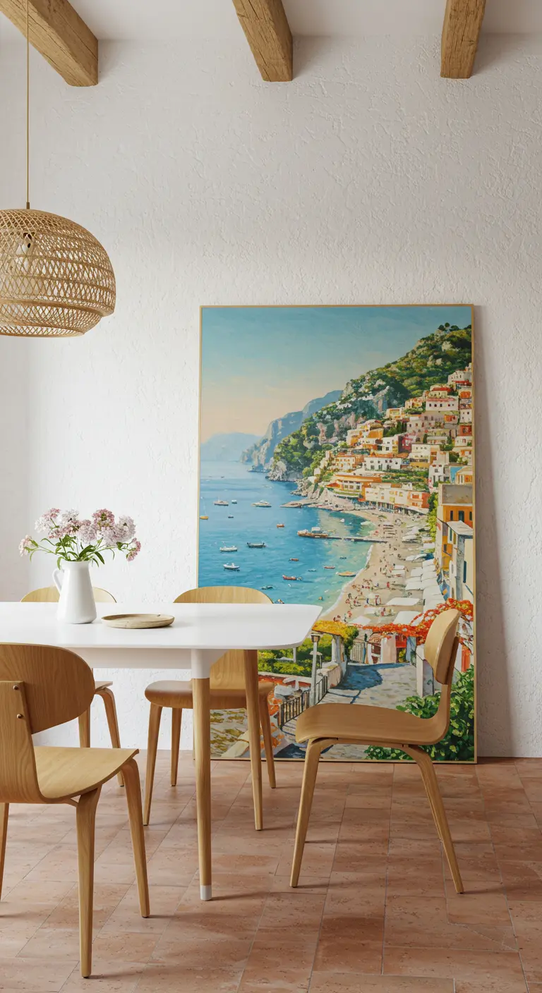 Mediterrane eethoek met een groot schilderij van de Italiaanse kust en houten meubels.