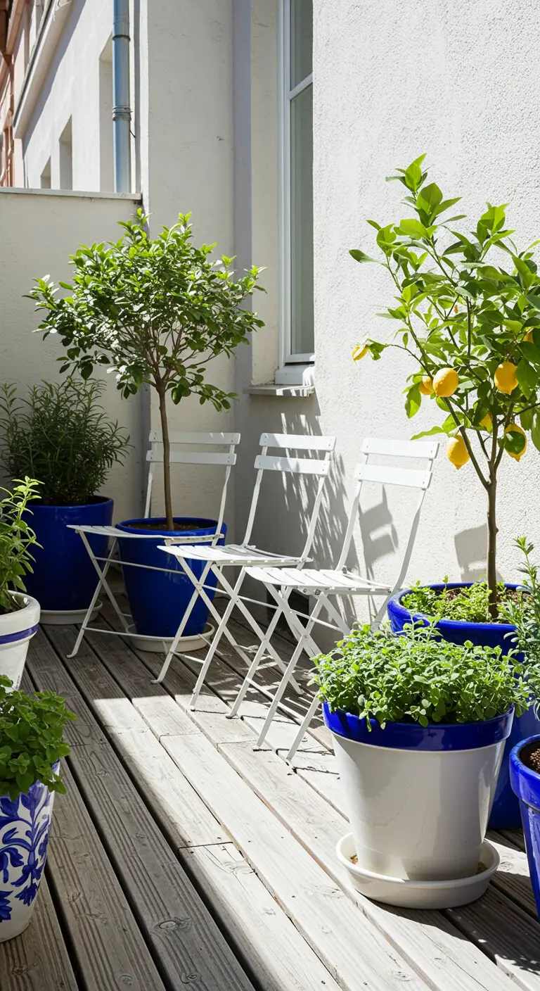 Wit balkon met wit bistroset en citroenbomen in blauw-witte potten.