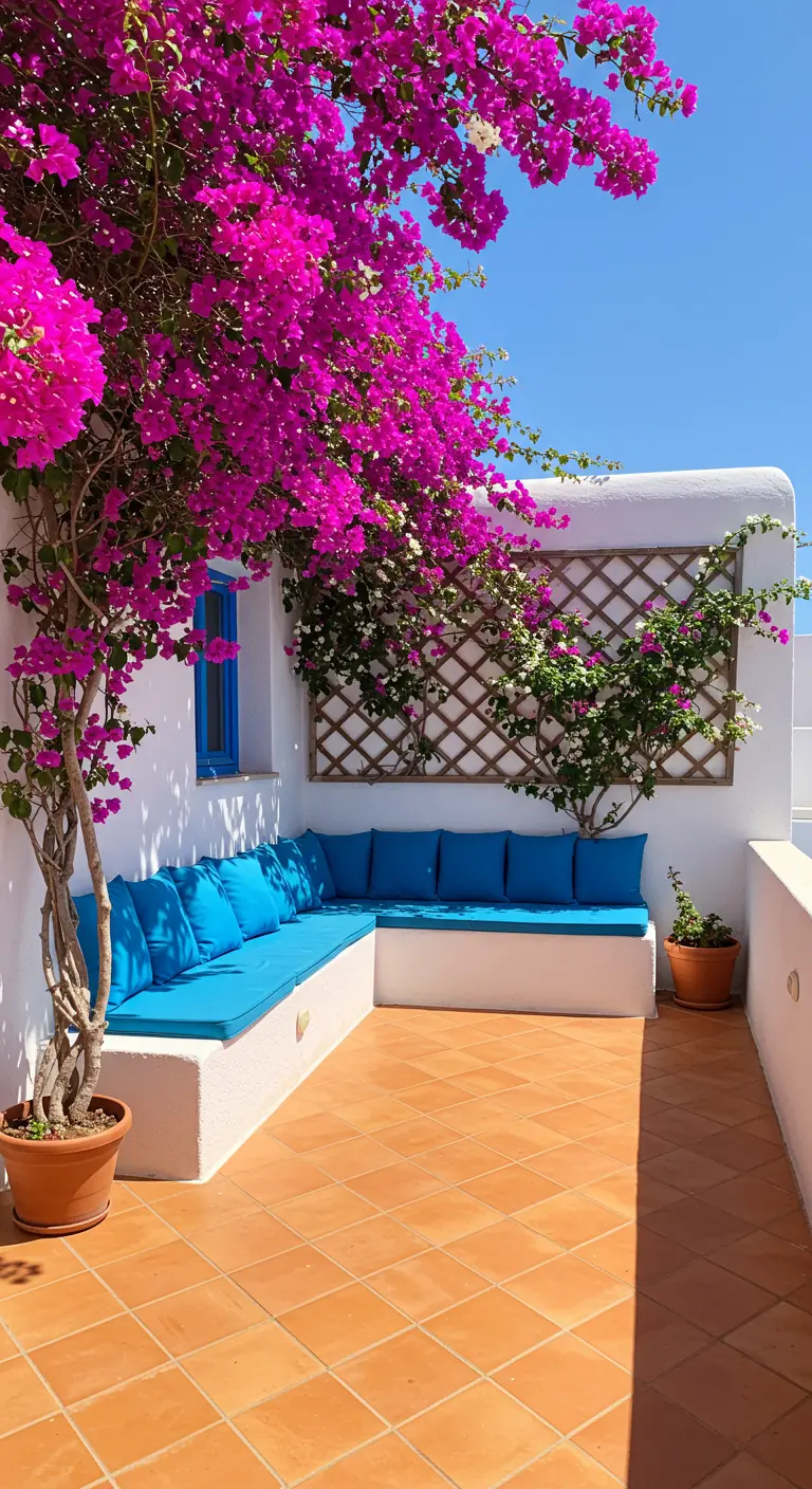 Wit terras met felle roze bougainvillea en een hoekbank met blauwe kussens.