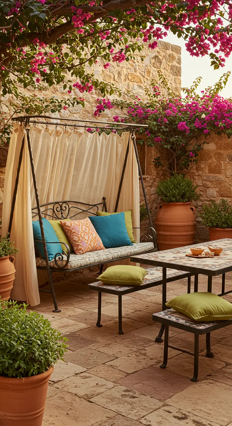 Mediterrane binnenplaats met metalen schommelbank, mozaïek tafel en terracotta potten.