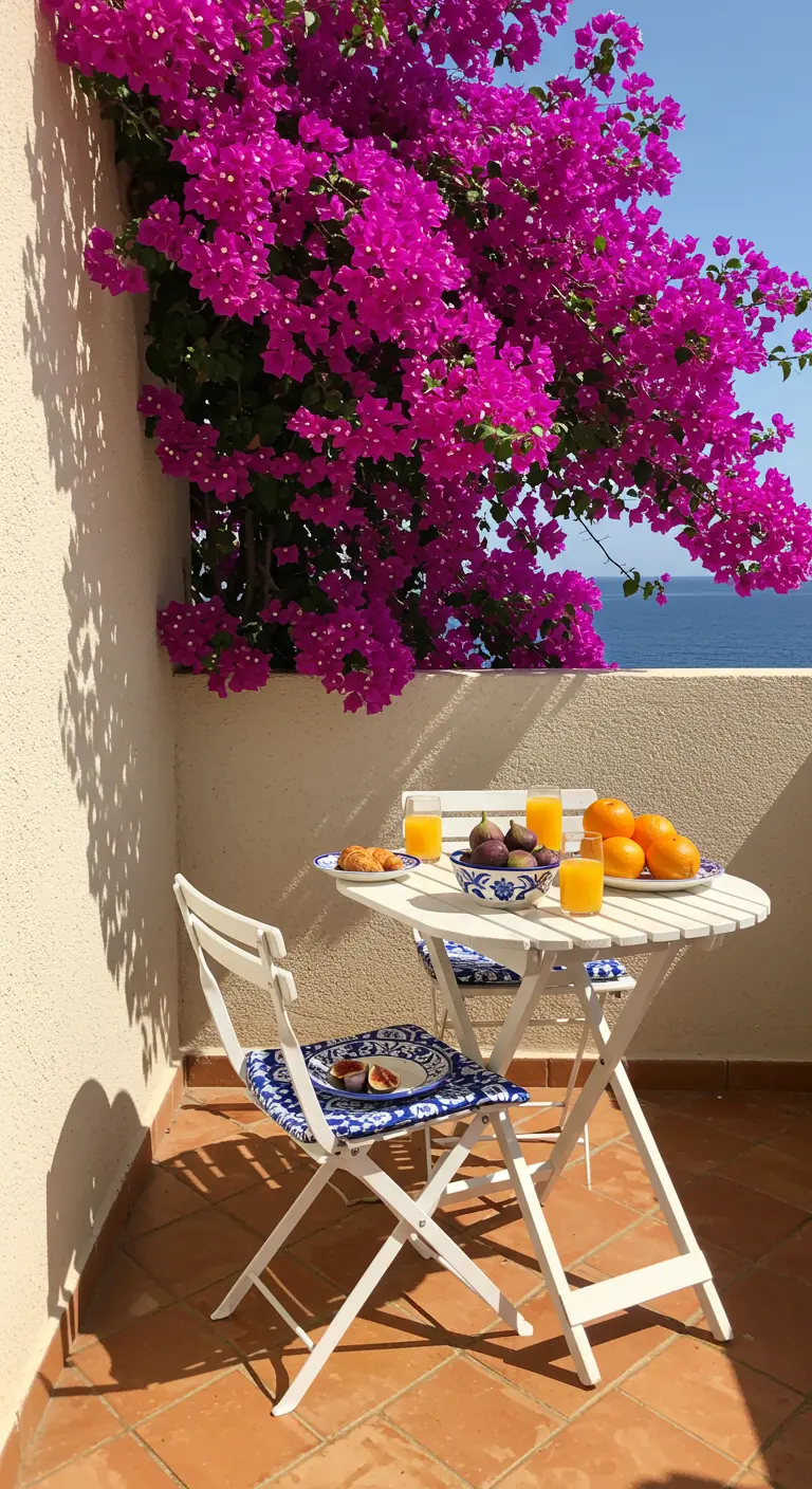 Wit bistrotafeltje met blauw-wit servies onder een weelderige roze bougainville.