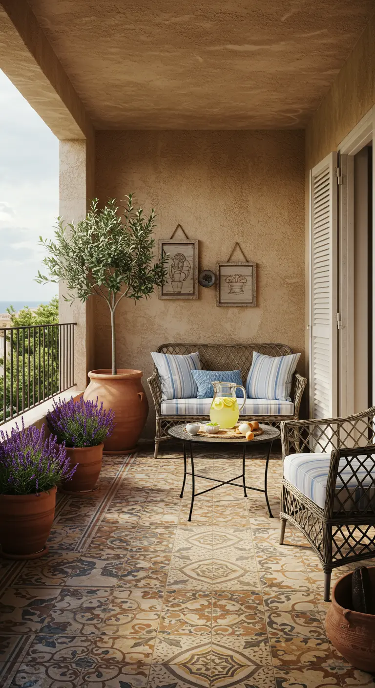 Balkon in mediterrane stijl met terracotta potten, een olijfboom, lavendel en patroontegels.