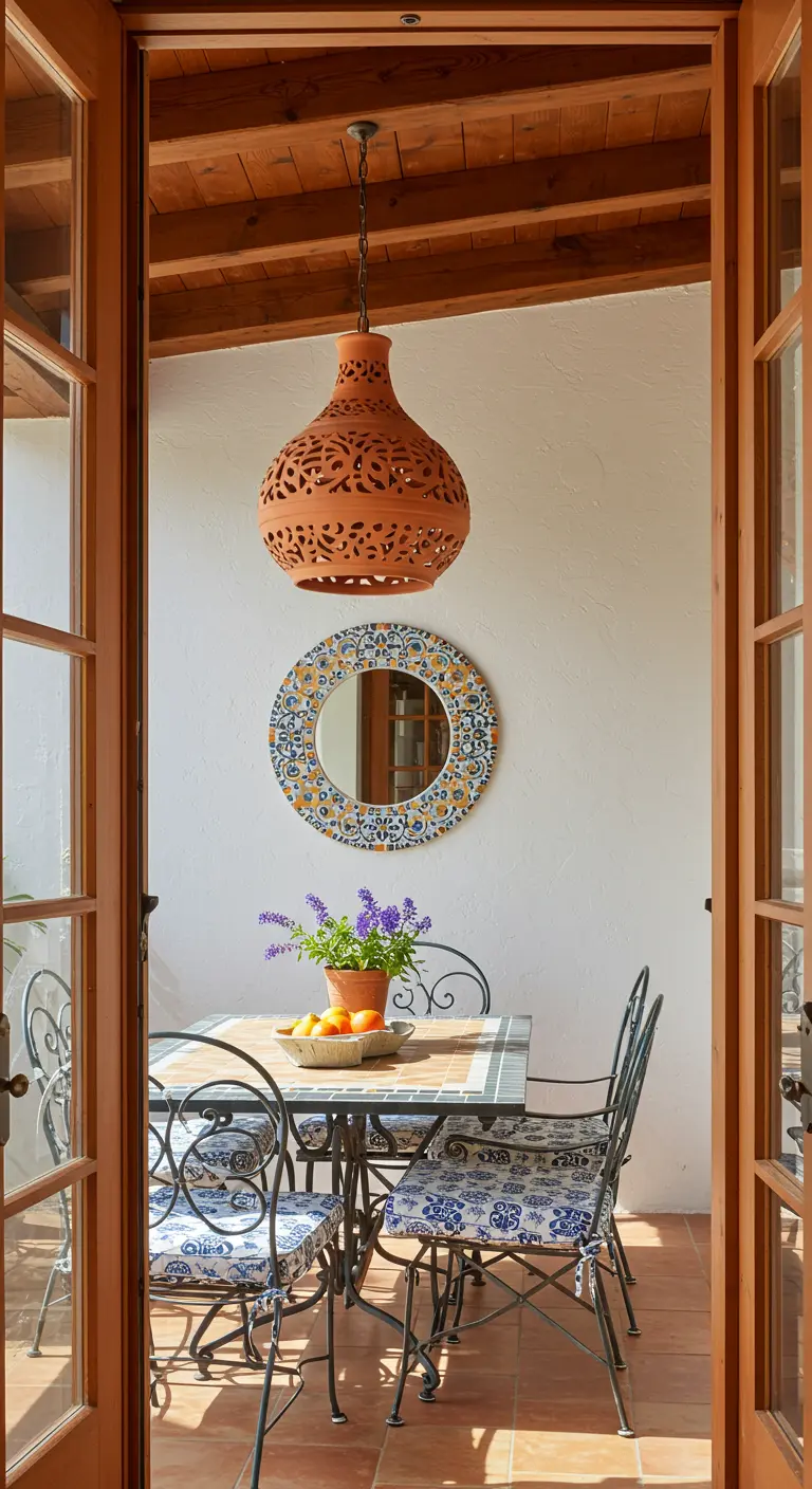 Mediterrane eethoek op een terras met een terracotta lamp en een ronde mozaïekspiegel.