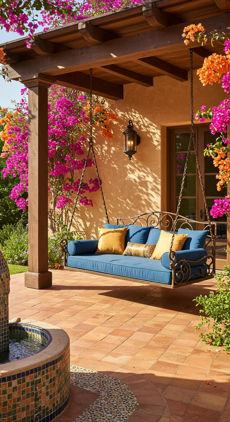 Smeedijzeren daybed met blauwe kussens op een terras met terracotta tegels en bloemen.