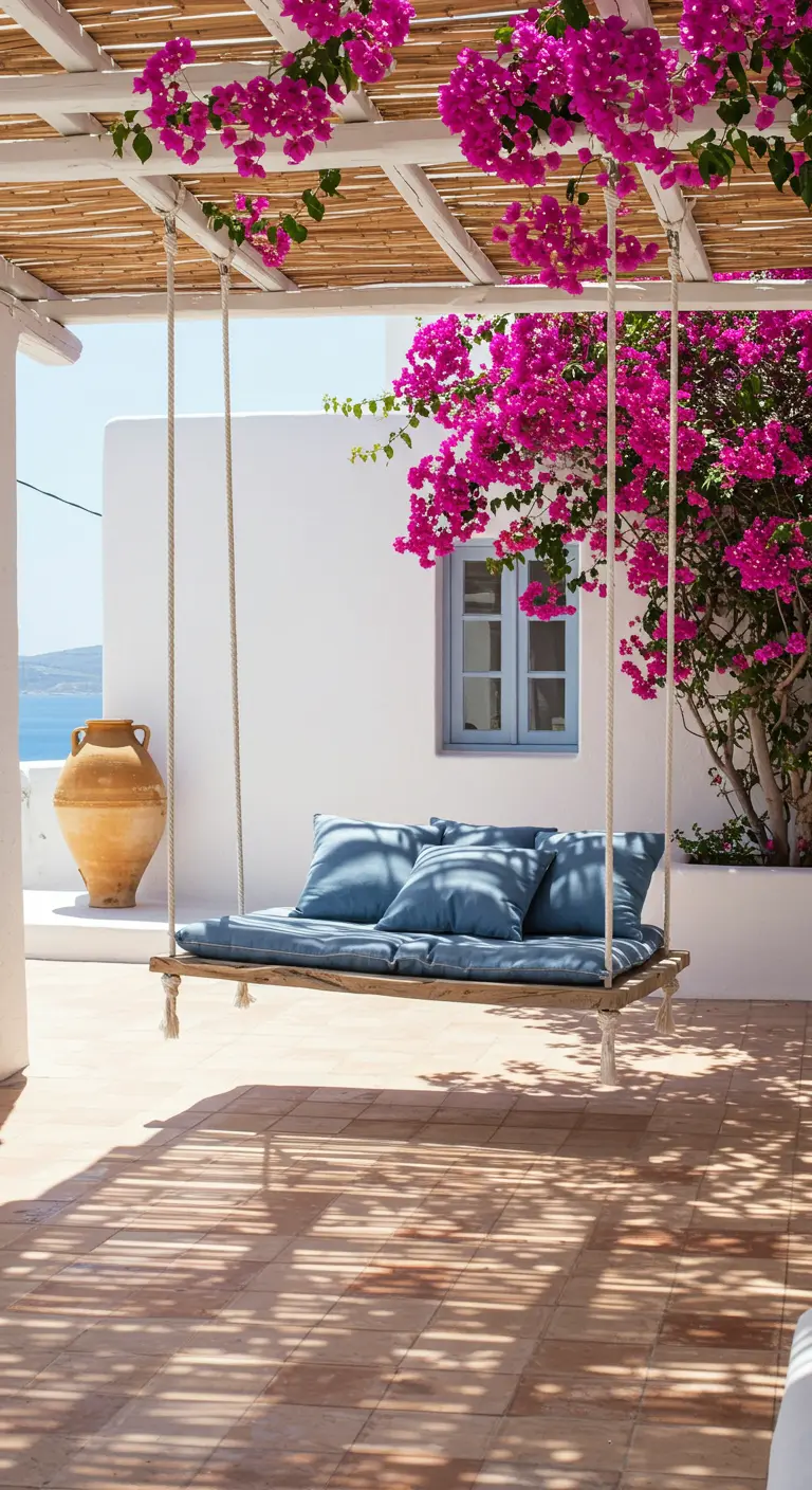 Houten schommelbank met blauwe kussens onder een pergola met roze bougainvillea.