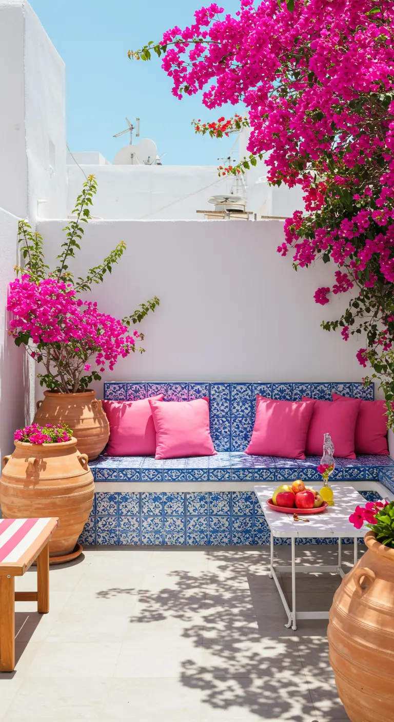 Witte patio met een blauw betegelde bank, roze kussens en een roze bougainvillea.