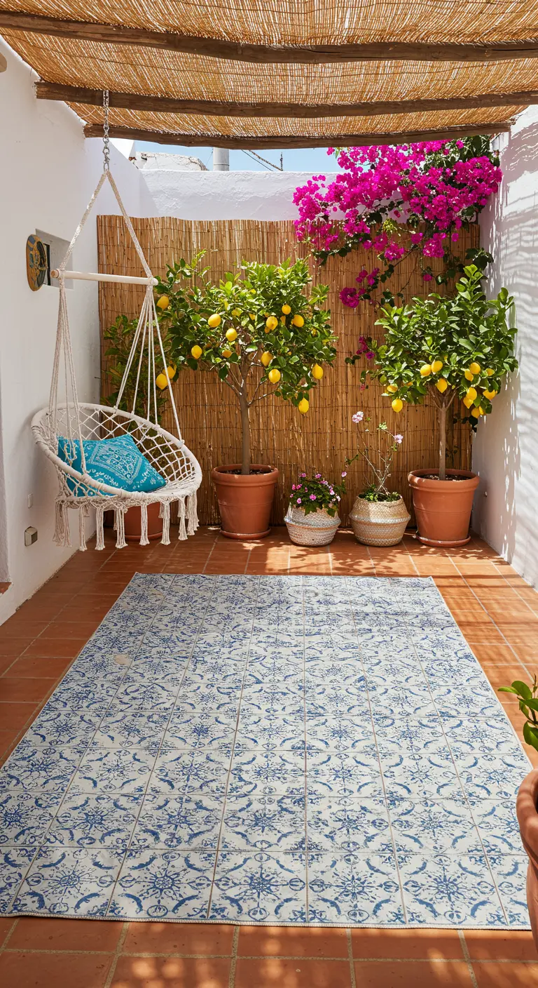 Patio in mediterrane stijl met citroenbomen, macramé hangstoel en een tegelpatroon kleed.
