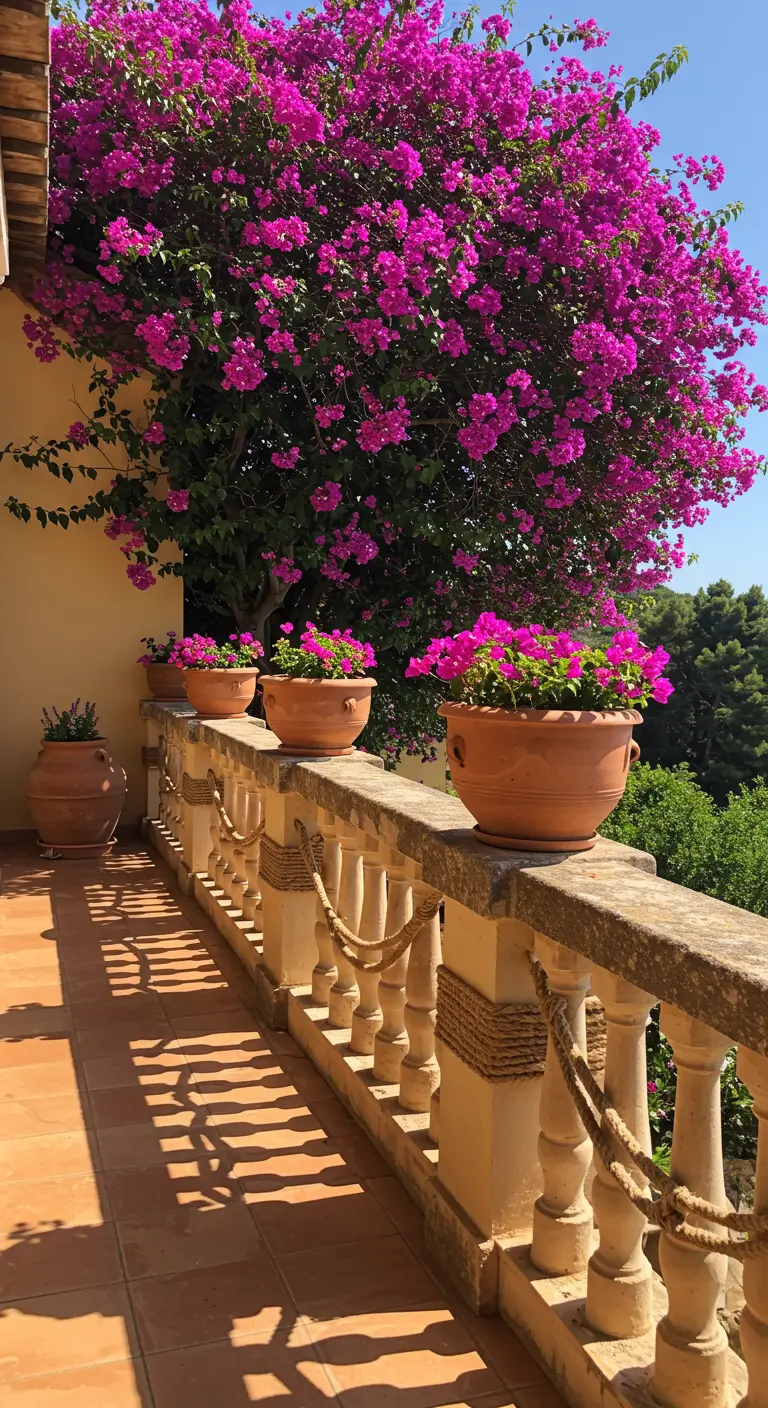 Stenen balkonreling met terracotta potten en roze bougainvillea.