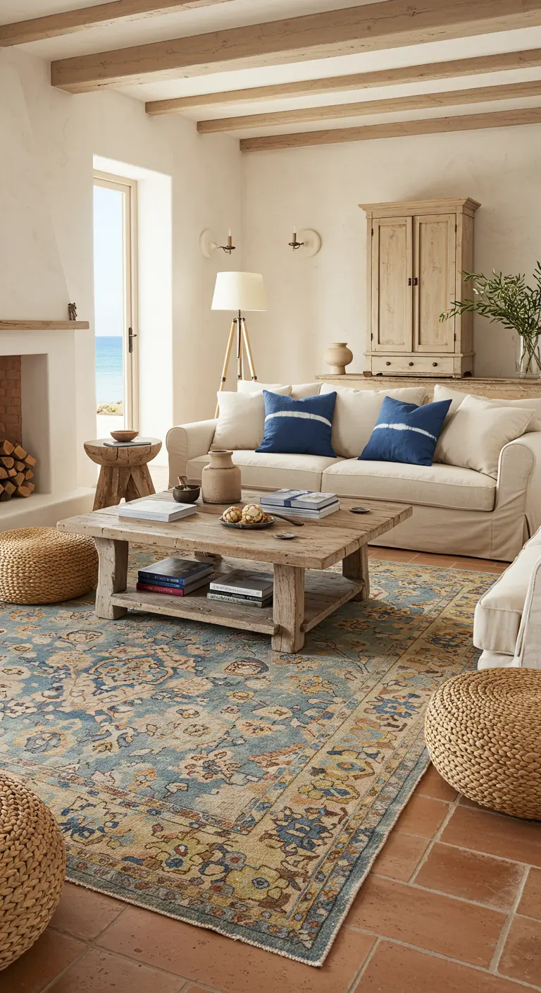 Lichte mediterrane woonkamer met blauw-geel vintage tapijt, witte bank en houten details.