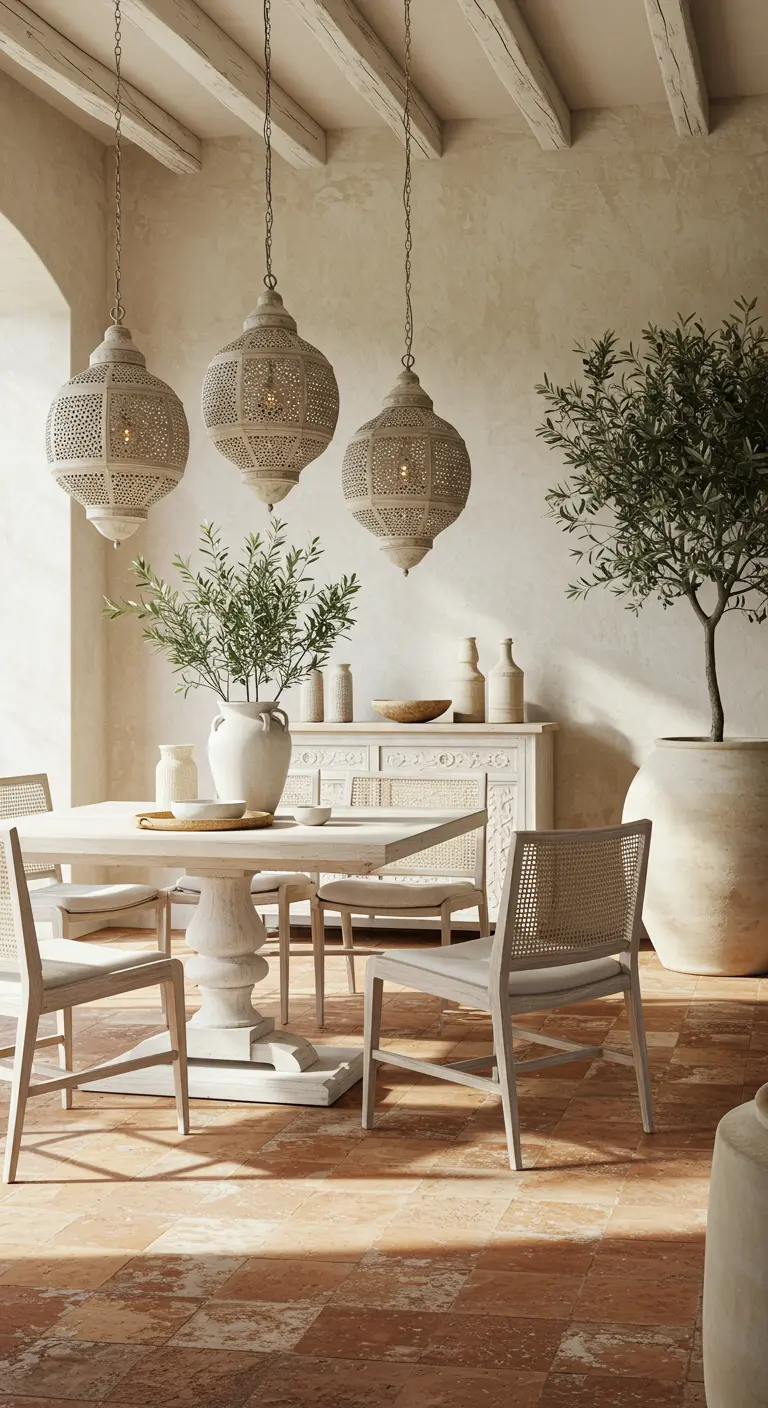 Mediterrane eetkamer met terracotta vloer, lichte stoelen, sierlijke lampen en olijfboom.