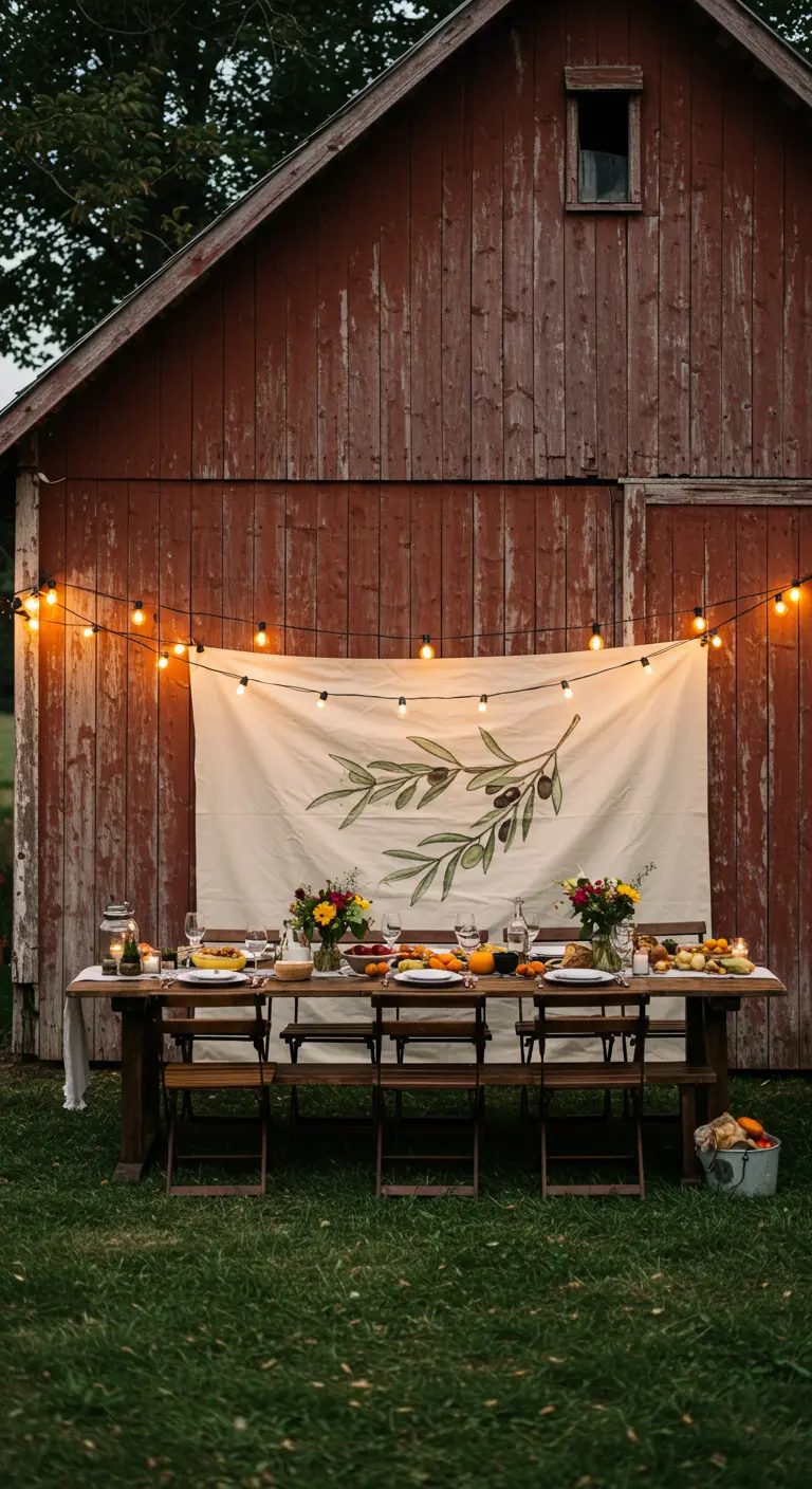 Canvas doek met olijftak-print achter een lange houten tafel buiten.