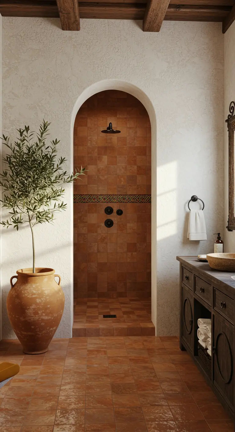 Mediterrane badkamer met een boog naar een inloopdouche met terracotta tegels.