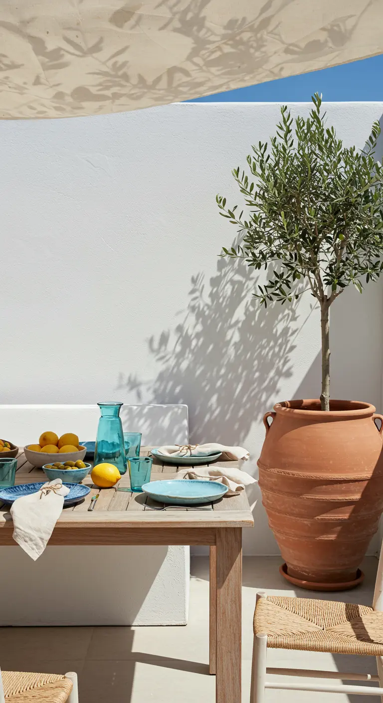 Zomerse tafelsetting in mediterrane stijl met turquoise glaswerk, citroenen en een olijfboom in pot.