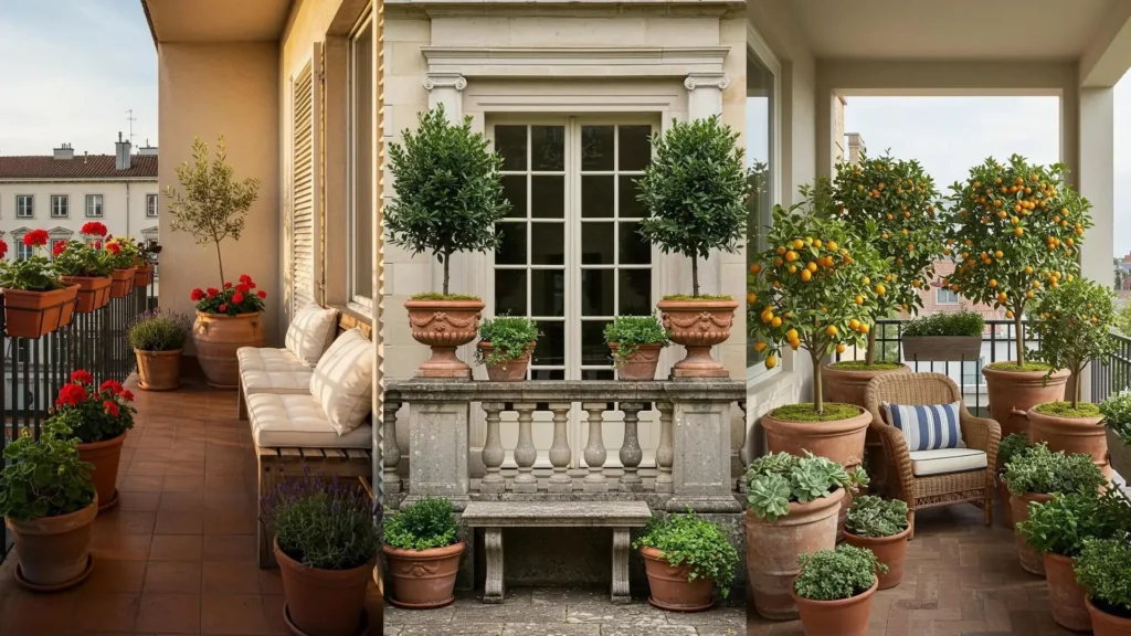Prachtig Mediterraans balkon met diverse planten in terracotta potten, zoals citrusbomen en kleurrijke bloemen.