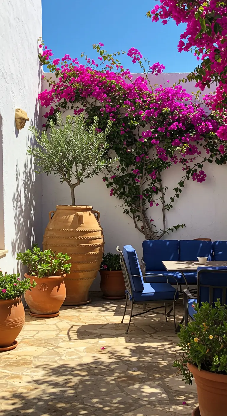 Grote terracotta amfoor als wateropslag in een mediterrane patio.
