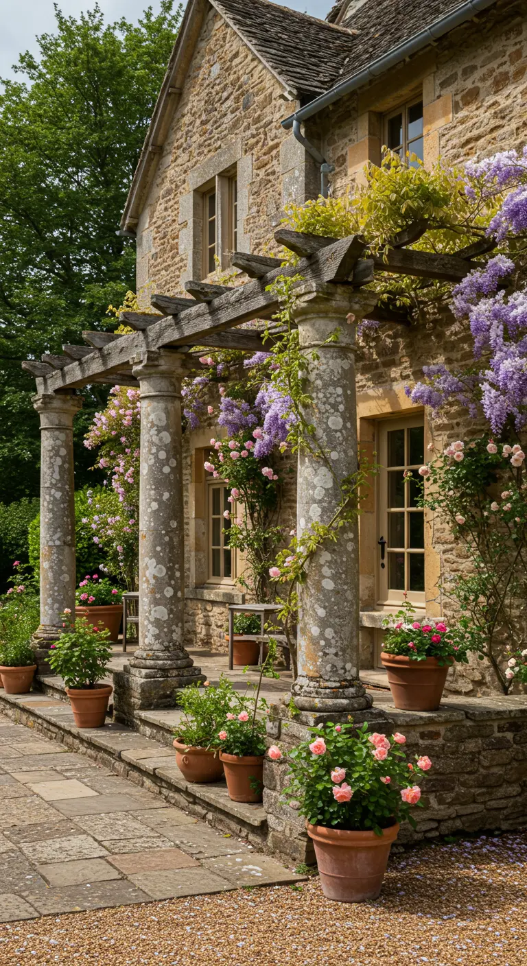 Stenen terras met pergola, Wisteria en diverse terracotta potten met roze rozen.