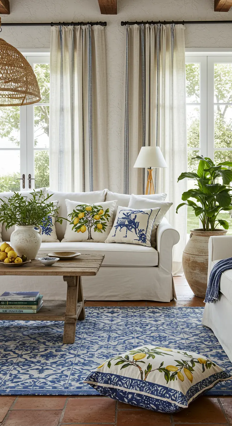 Lichte woonkamer met een witte bank, blauw-wit kleed en kussens met citroenen.
