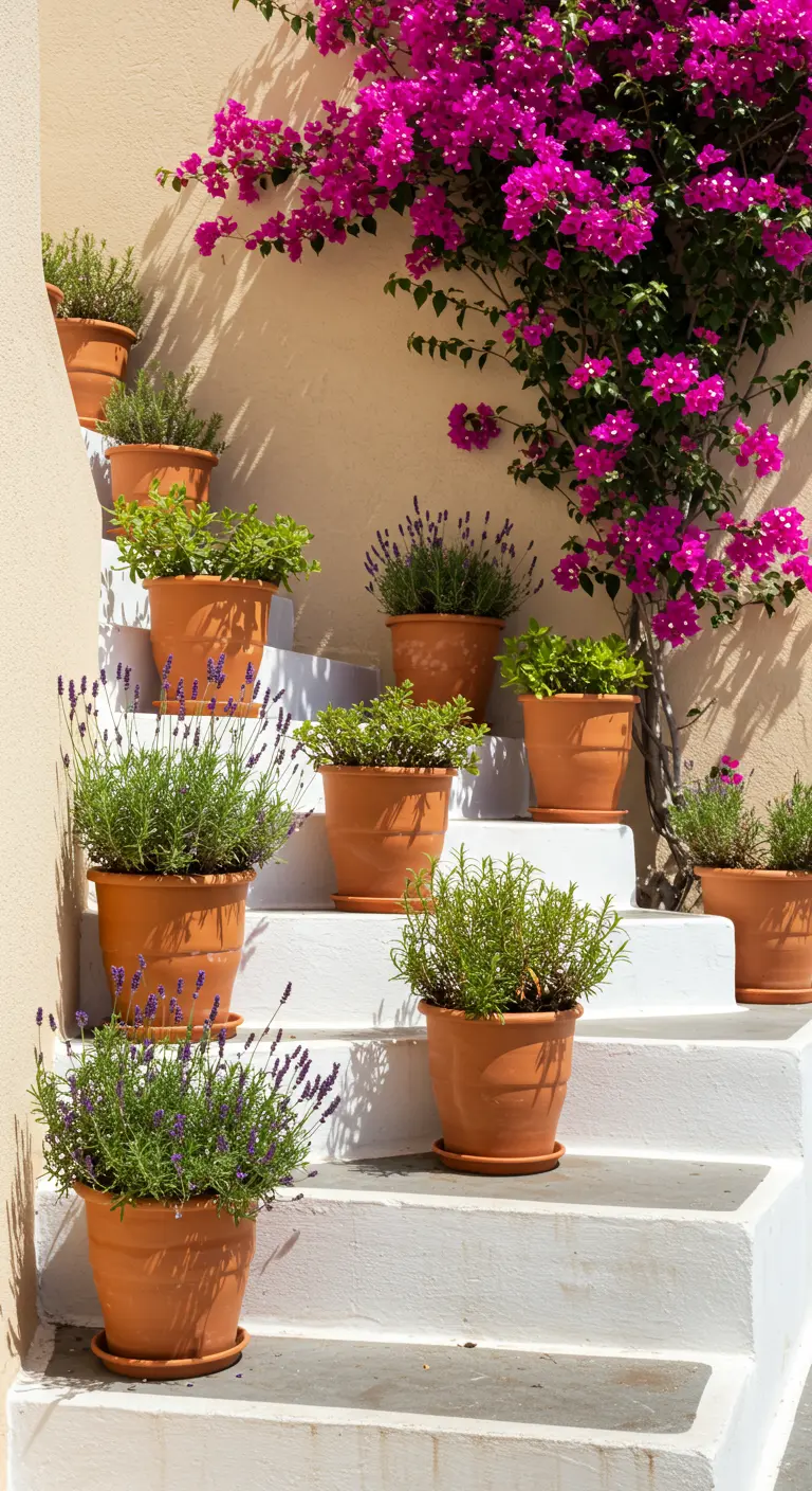 Witte trap in de zon met terracotta potten vol lavendel en een fuchsia bougainvillea.
