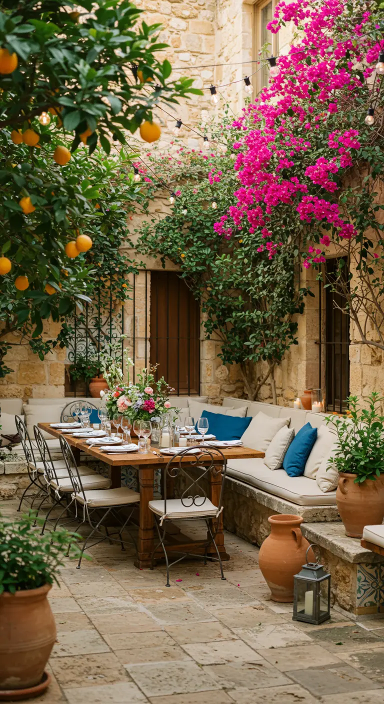 Mediterrane binnenplaats met stenen bank, houten tafel, bougainvillea en sinaasappelbomen.