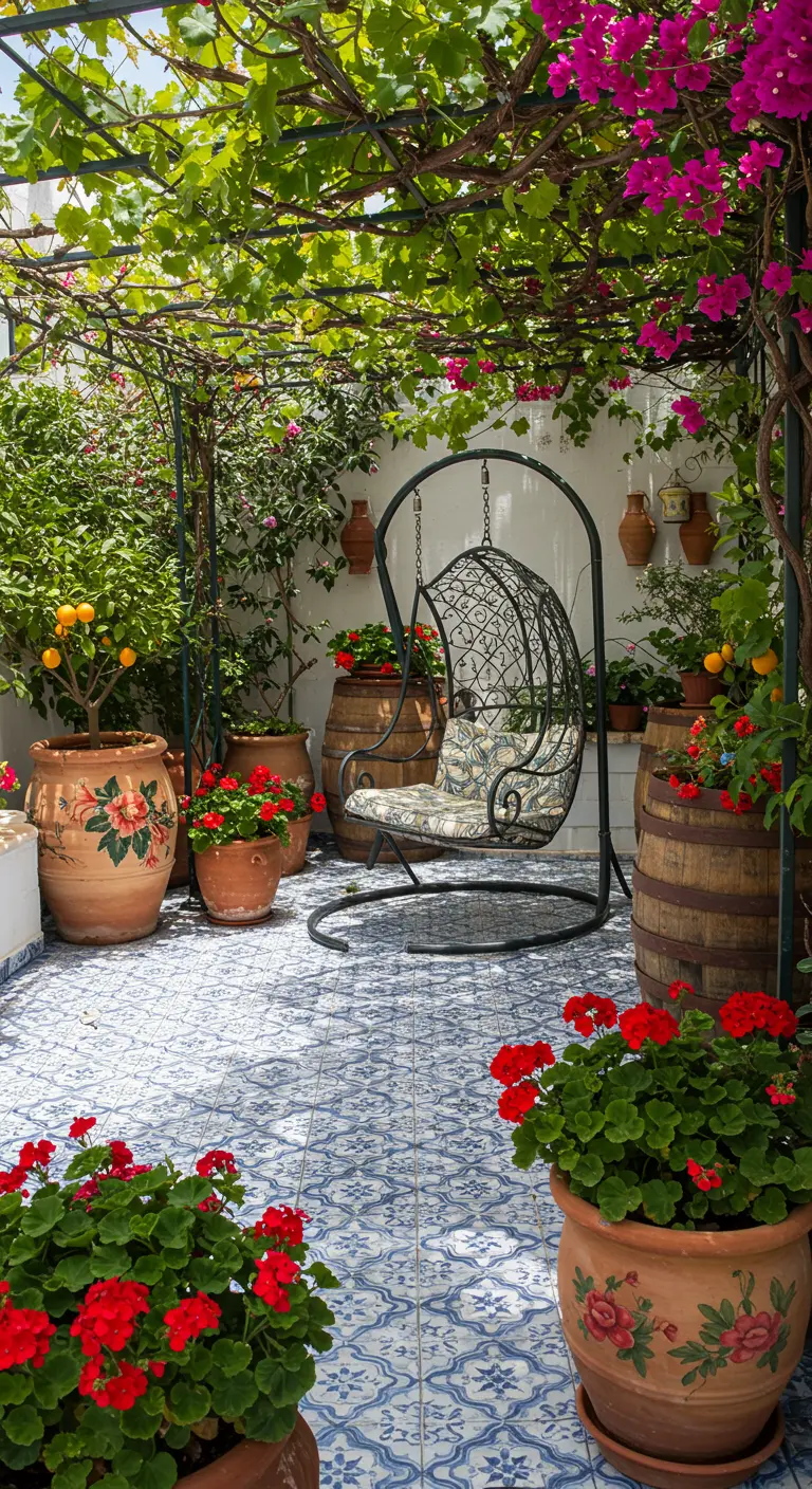 IJzeren hangstoel op tegelvloer met bougainvillea, wijnvaten en terracotta potten met bloemen.