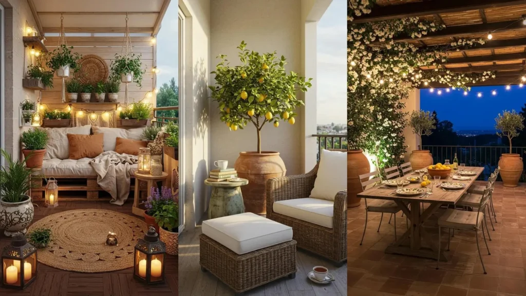 Drie sfeervolle mediterrane balkons met kruiden, keramiek en terracotta potten, en verlichting.