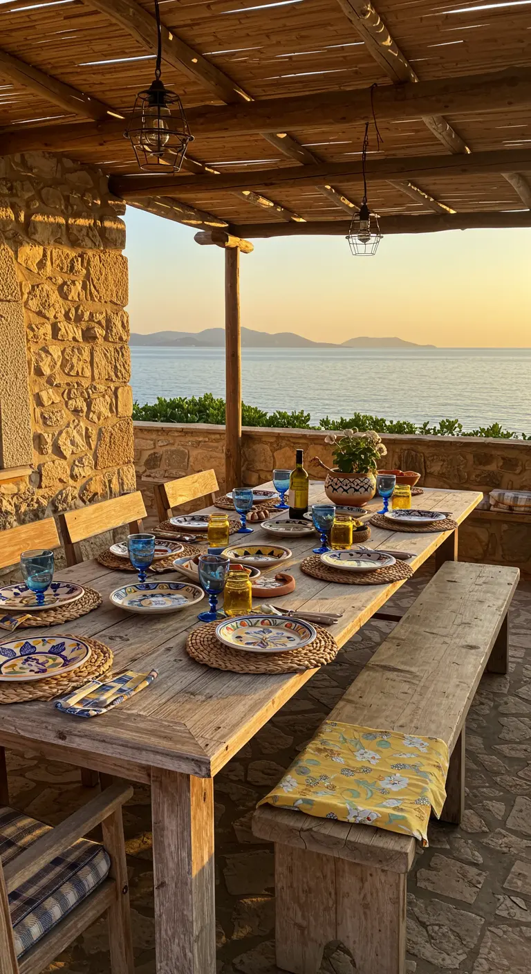 Rustieke eettafel met kleurrijk servies en uitzicht op zee bij zonsondergang.
