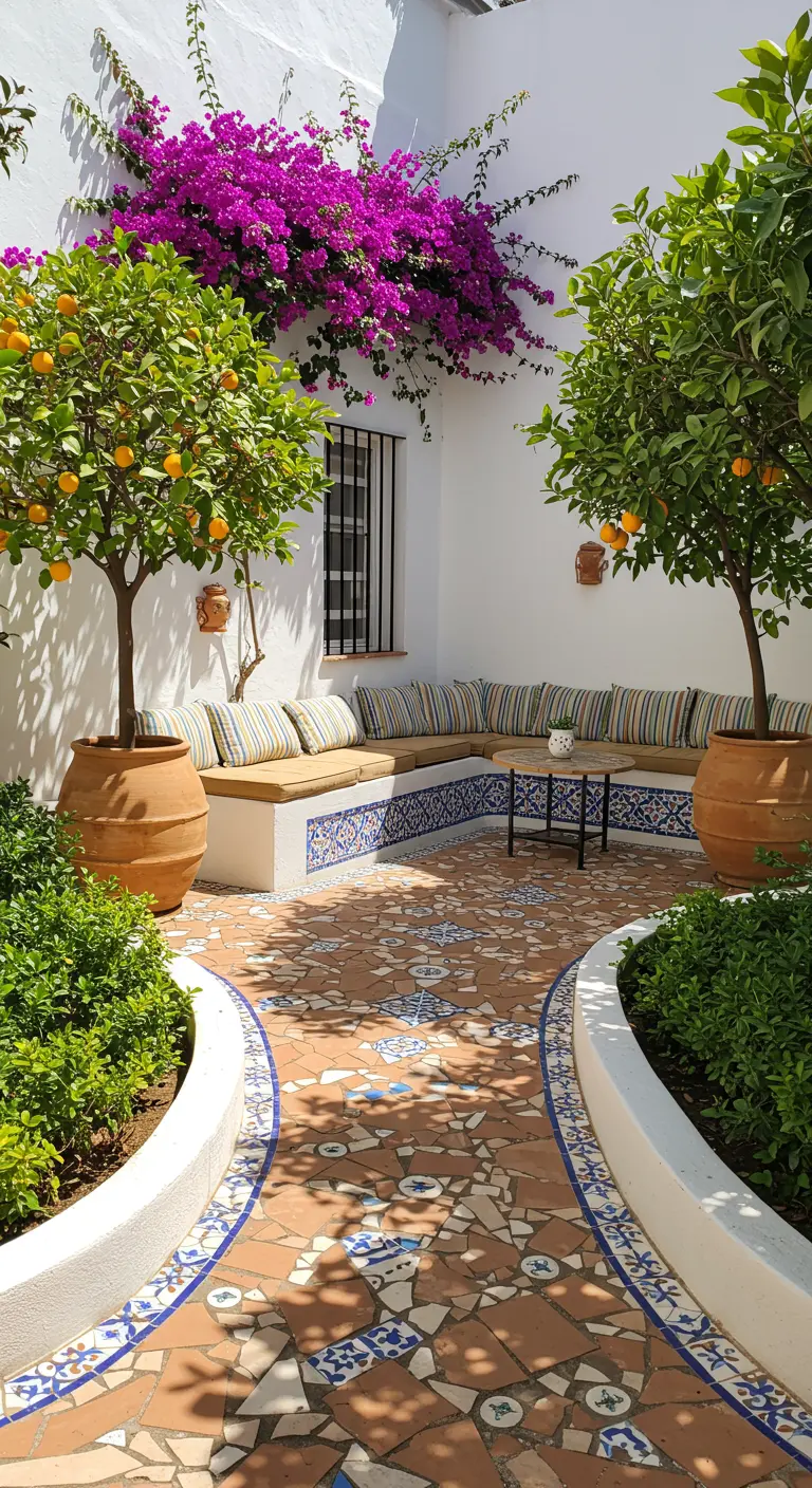 Spaanse patio met een vloer van terracotta en kleurrijke mozaïektegels, omringd door witte muren.
