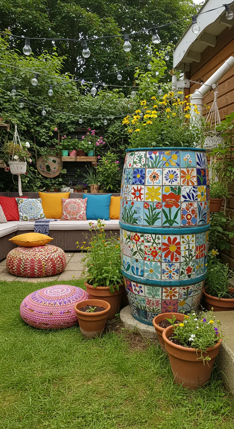 Regenton versierd met kleurrijke mozaïektegels van bloemen, omringd door planten, poefs en lichtslingers.