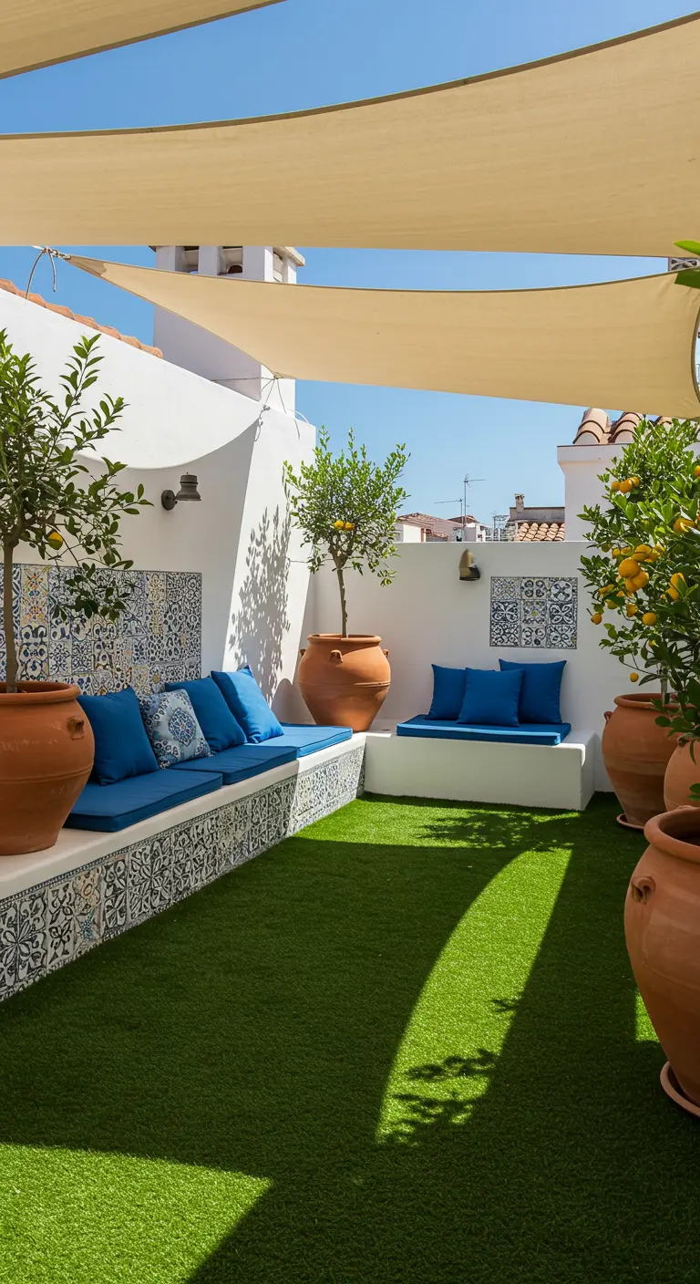 Zonnig dakterras in mediterrane stijl met kunstgras, tegels en terracotta potten.