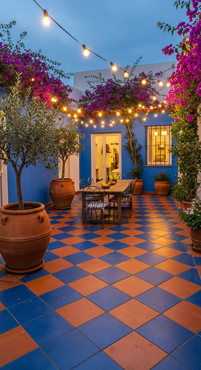 Sfeervolle binnenplaats met blauw-terracotta tegelvloer, lichtslingers en grote plantenpotten.