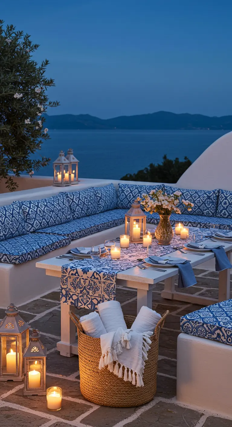 Terras met uitzicht op zee, blauw-witte kussens en een mand met plaids.