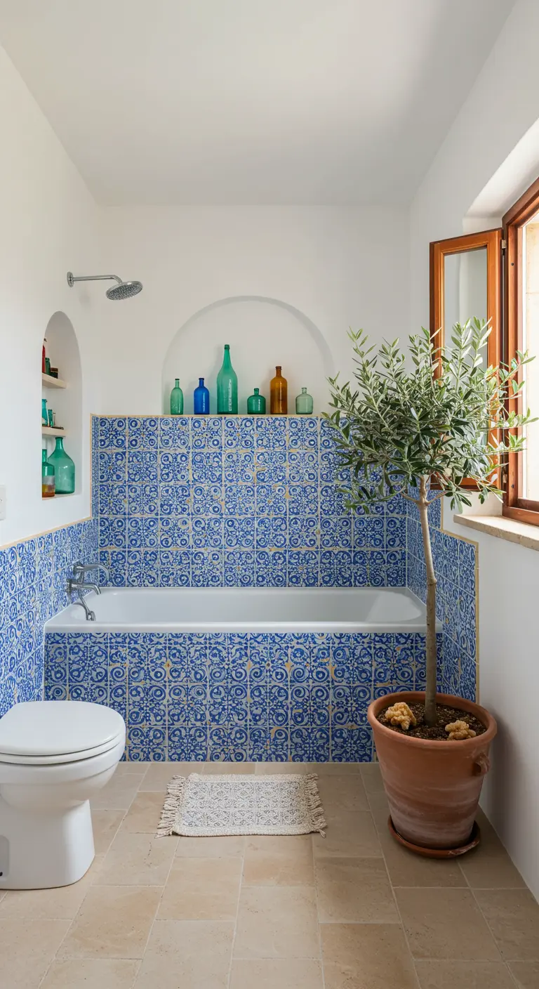 Mediterrane badkamer met blauwe patroontegels en een olijfboom.