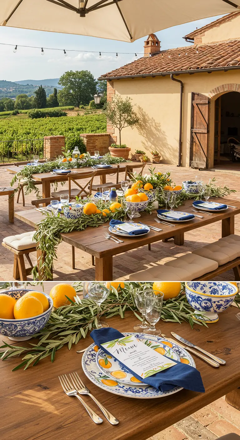 Tuscan wedding table with olive garlands, oranges, blue & white ceramics, and lemon menus.
