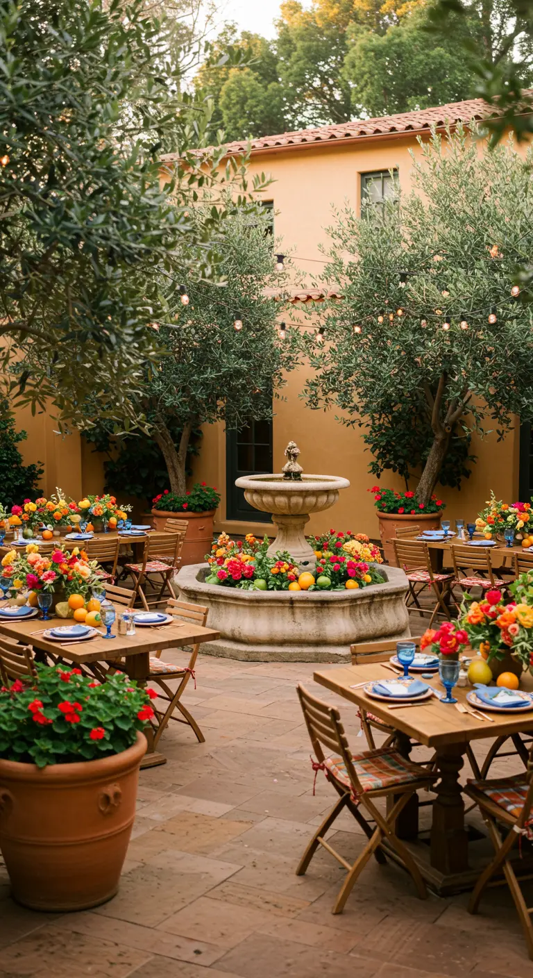Mediterrane patio met fontein, olijfbomen en houten tafels gedecoreerd met citrusvruchten en bloemen.