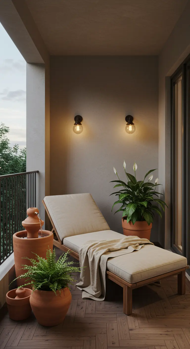 Balkon met ligstoel, terracotta fontein en planten in terracotta potten.