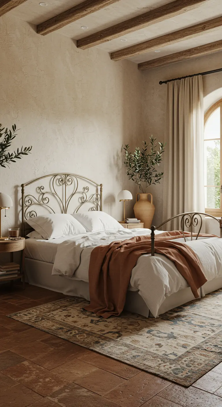 Mediterrane slaapkamer met smeedijzeren bed, terracotta sprei, olijftak, en houten balkenplafond.