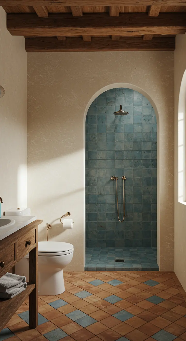 Inloopdouche in een boogvormige nis met blauwe zelliges en terracotta vloer.