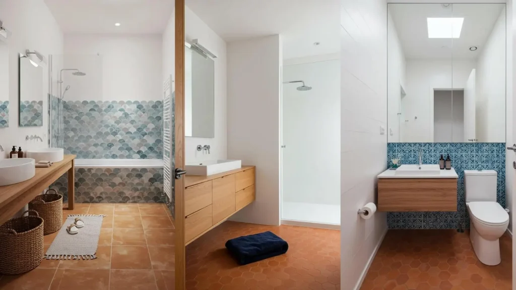 Drie badkamers tonen mediterrane sfeer: witte muren, blauwe tegels en terracotta vloeren.