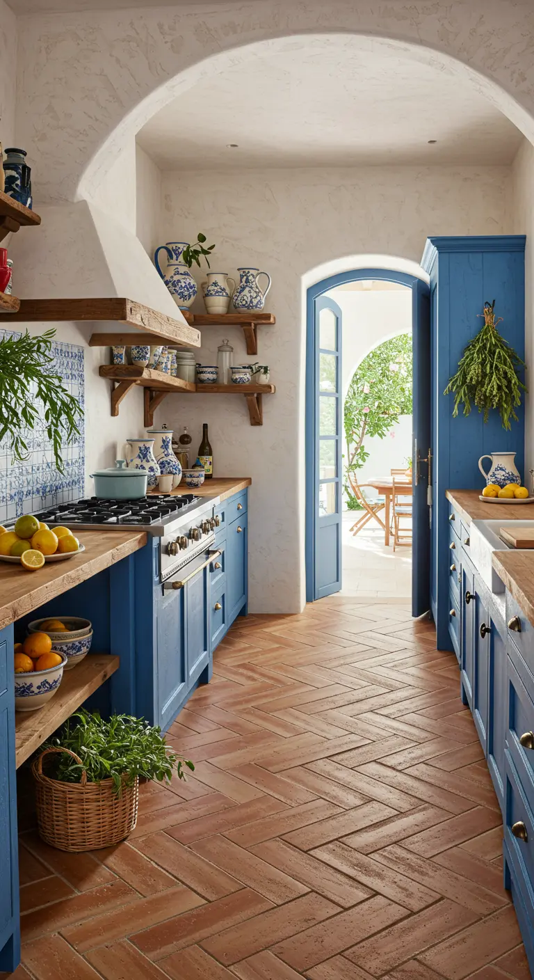 Mediterrane keuken met terracotta visgraatvloer, blauwe kasten en een boogdoorgang.