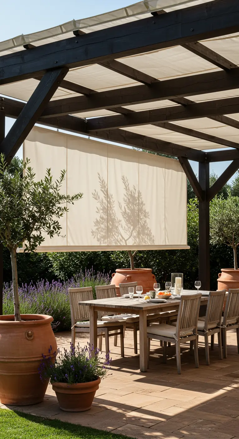 Houten pergola met uitschuifbaar doek boven een eettafel in mediterrane tuin.