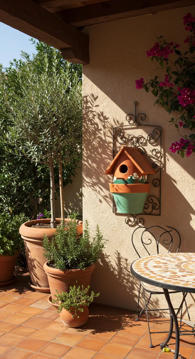 Terracotta vogelhuisje in een sierlijke metalen houder aan een Mediterrane muur.