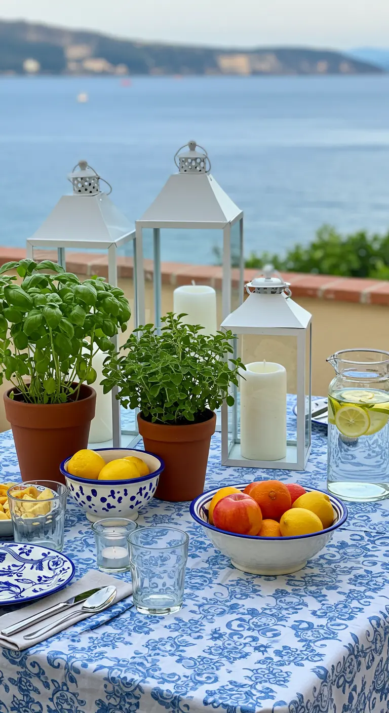 Buitentafel met blauw-wit kleed, potkruiden en lantaarns.