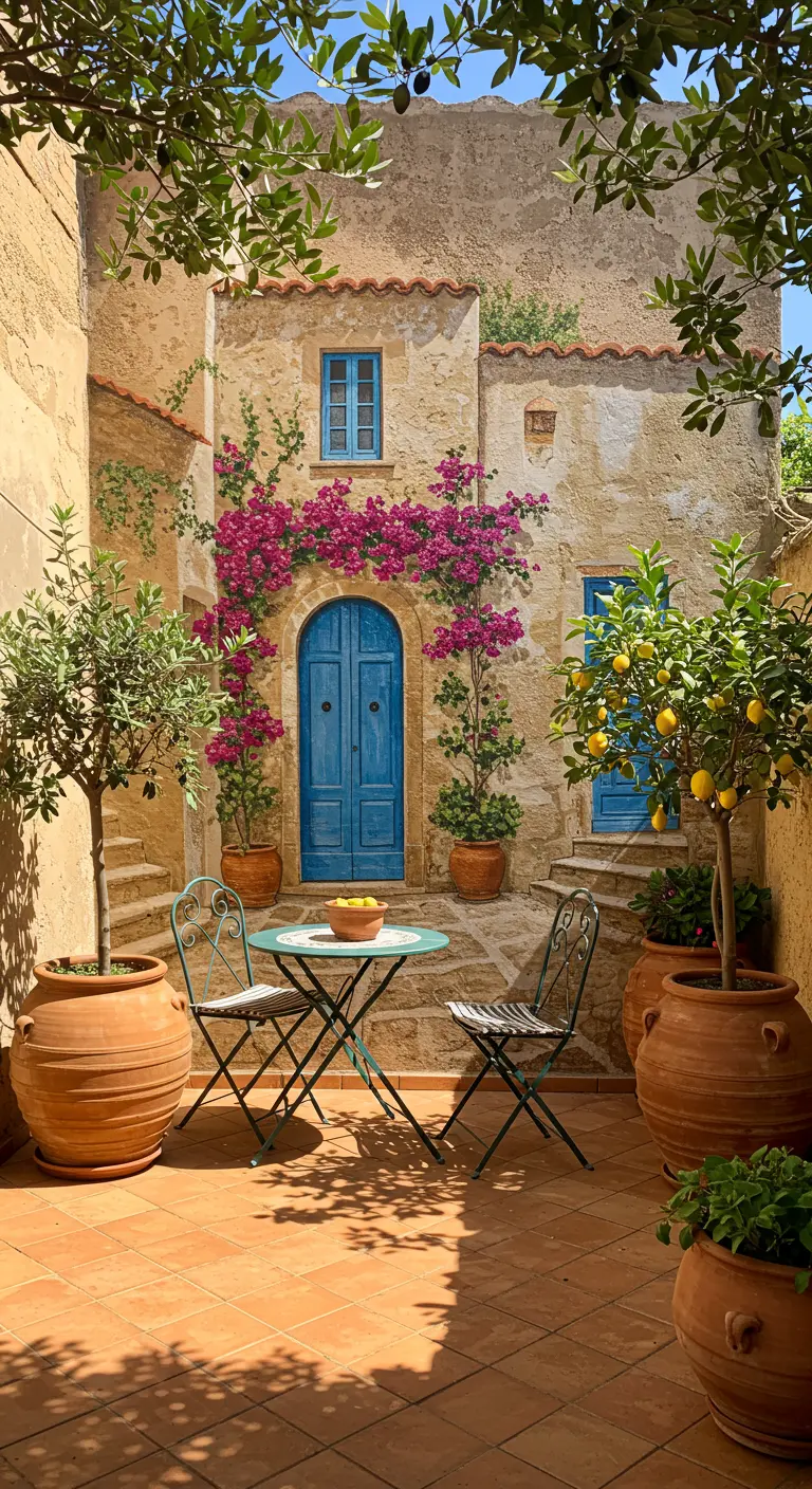 Zonnige binnenplaats met een realistische muurschildering van een mediterraan huisje