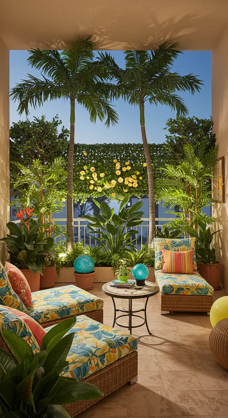 Groot balkon met palmbomen, ligstoelen met tropische print en sfeerverlichting bij zonsondergang.