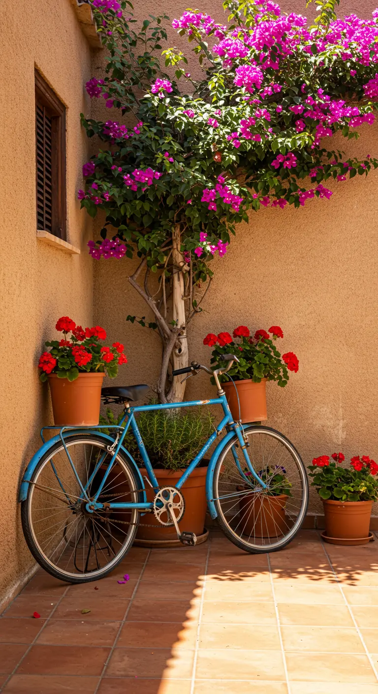 Blauwe fiets in een hoek tegen een zandkleurige muur, omringd door terracotta potten met rode geraniums.